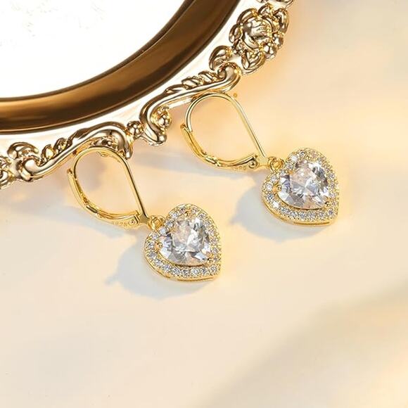925 Sterling 14K Gold Plated Heart Cubic Zirconia Dangle Earrings - Picture 5 of 5